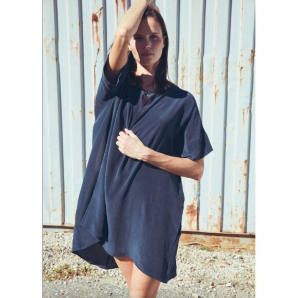 NEW Emerson Fry Solar Tunic Deep Sea Medium Navy 100% Silk Lagenlook Minimalist - Picture 1 of 16